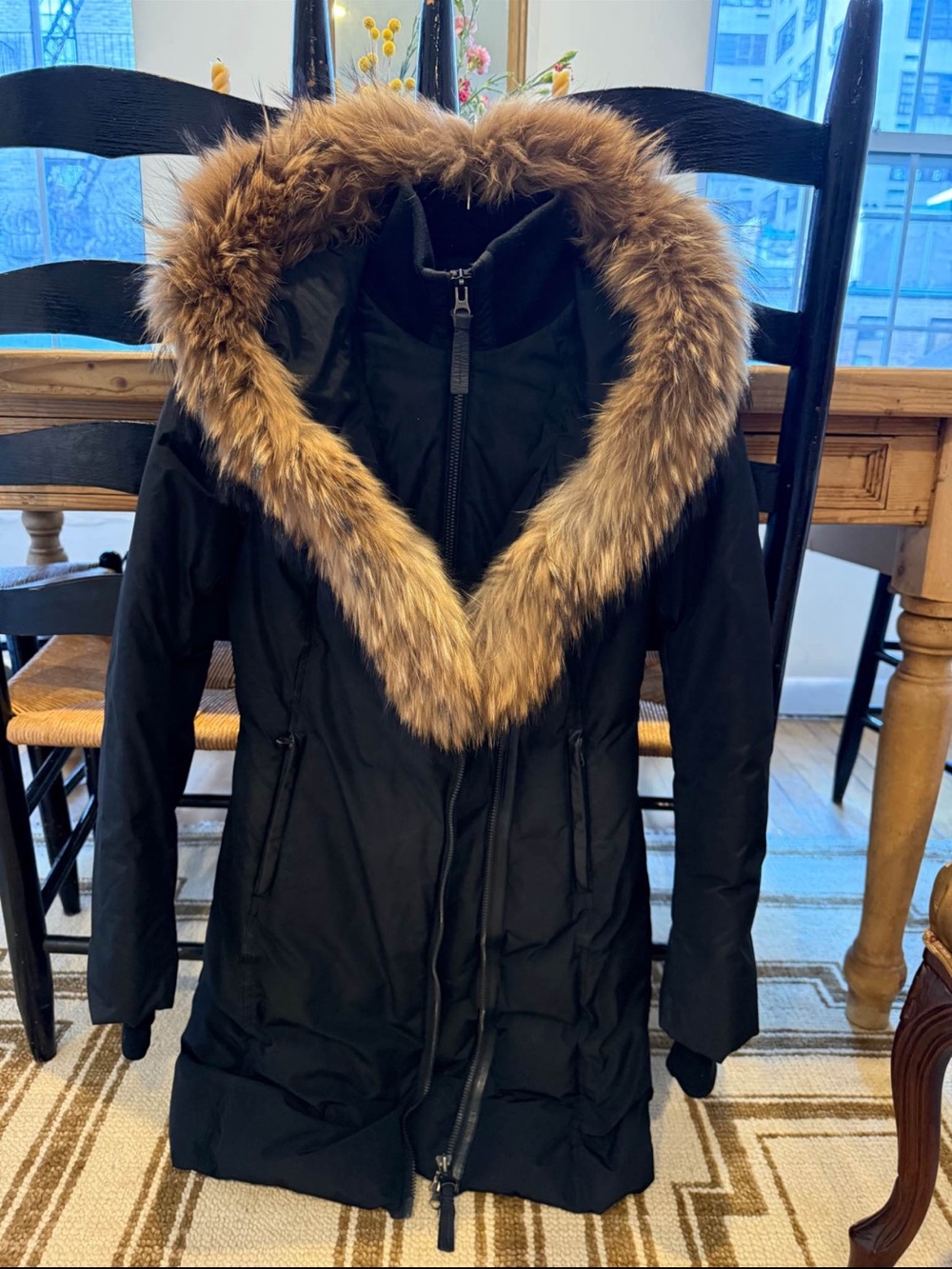 Mackage Black Puffer Coat with Tan Faux-Fur Trim Hood